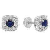 0.95 Carat (ctw) 10K White Gold Round Cut Blue Sapphire & White Diamond Ladies Halo Style Stud Earrings 1 CT
