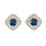 0.95 Carat (ctw) 10K Yellow Gold Round Cut Blue Sapphire & White Diamond Ladies Halo Style Stud Earrings 1 CT