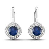 1.25 Carat (ctw) 10K White Gold Round Blue Sapphire & White Diamond Ladies Halo Style Dangling Drop Earrings 1 1/4 CT