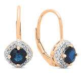 1.25 Carat (ctw) 14K Rose Gold Round Blue Sapphire & White Diamond Ladies Halo Style Dangling Drop Earrings 1 1/4 CT