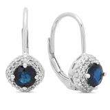 1.25 Carat (ctw) 14K White Gold Round Blue Sapphire & White Diamond Ladies Halo Style Dangling Drop Earrings 1 1/4 CT