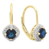 1.25 Carat (ctw) 14K Yellow Gold Round Blue Sapphire & White Diamond Ladies Halo Style Dangling Drop Earrings 1 1/4 CT