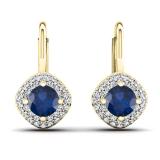1.25 Carat (ctw) 14K Yellow Gold Round Blue Sapphire & White Diamond Ladies Halo Style Dangling Drop Earrings 1 1/4 CT