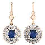 1.00 Carat (ctw) 10K Rose Gold Round Blue Sapphire & White Diamond Ladies Halo Style Circle Dangling Drop Earrings 1 CT