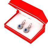 1.00 Carat (ctw) 10K White Gold Round Blue Sapphire & White Diamond Ladies Double Halo Circle Dangling Drop Earrings 1 CT