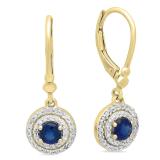 1.00 Carat (ctw) 10K Yellow Gold Round Blue Sapphire & White Diamond Ladies Halo Style Circle Dangling Drop Earrings 1 CT