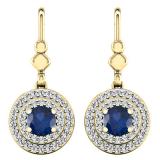 1.00 Carat (ctw) 10K Yellow Gold Round Blue Sapphire & White Diamond Ladies Halo Style Circle Dangling Drop Earrings 1 CT