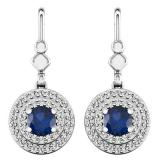 1.00 Carat (ctw) 14K White Gold Round Blue Sapphire & White Diamond Ladies Halo Style Circle Dangling Drop Earrings 1 CT