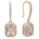 2.90 Carat (ctw) 10K Rose Gold Cushion Cut Morganite & Round Cut White Diamond Ladies Halo Style Dangling Drop Earrings