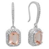2.90 Carat (ctw) 10K White Gold Cushion Cut Morganite & Round Cut White Diamond Ladies Halo Style Dangling Drop Earrings