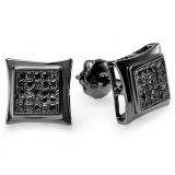 0.12 Carat (ctw) Black Rhodium Plated Sterling Silver Round Black Diamond Kite Shape Mens Hip Hop Iced Stud Earrings