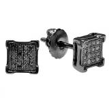 0.07 Carat (ctw) Black Rhodium Plated Sterling Silver Round Black Diamond V-Prong Square Shape Mens Hip Hop Iced Stud Earrings