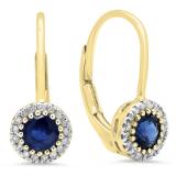 0.90 Carat (ctw) 10K Yellow Gold Round Blue Sapphire & White Diamond Ladies Halo Style Dangling Drop Earrings