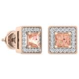 0.75 Carat (ctw) Rose Gold Plated Sterling Silver Princess Cut Morganite & Round Cut White Diamond Ladies Halo Style Stud Earrings 3/4 CT