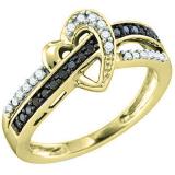 0.30 Carat (ctw) 10K Yellow Gold Round Black & White Diamond Ladies Swirl Split Shank Crossover Heart Bridal Promise Ring 1/3 CT