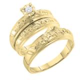 0.05 Carat (ctw) 10K Yellow Gold Round White Diamond Men's & Women's Fashion Bridal Engagement Ring Trio Set
