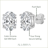 925 Sterling Silver 4 Prong Solitaire Stud Earrings, 1.30 CT Oval Cubic Zirconia in Push Back