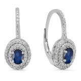 1.00 Carat (ctw) 18K White Gold Oval Cut Blue Sapphire & Round Cut White Diamond Ladies Halo Style Dangling Drop Earrings 1 CT