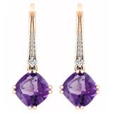 4.10 Carat (ctw) 10K Rose Gold Cushion Cut Amethyst & Round Cut White Diamond Ladies Dangling Drop Earrings