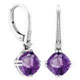 4.10 Carat (ctw) 10K White Gold Cushion Cut Amethyst & Round Cut White Diamond Ladies Dangling Drop Earrings