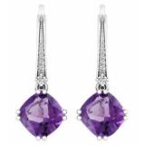 4.10 Carat (ctw) 10K White Gold Cushion Cut Amethyst & Round Cut White Diamond Ladies Dangling Drop Earrings