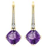 4.10 Carat (ctw) 10K Yellow Gold Cushion Cut Amethyst & Round Cut White Diamond Ladies Dangling Drop Earrings
