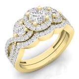 1.50 Carat (ctw) 10K Yellow Gold Round White Diamond Ladies 3 Stone Halo Split Shank Swirl Bridal Engagement Ring With Matching Band Set 1 1/2 CT