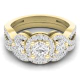 1.50 Carat (ctw) 10K Yellow Gold Round White Diamond Ladies 3 Stone Halo Split Shank Swirl Bridal Engagement Ring With Matching Band Set 1 1/2 CT