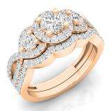 1.50 Carat (ctw) 14K Rose Gold Round White Diamond Ladies 3 Stone Halo Split Shank Swirl Bridal Engagement Ring With Matching Band Set 1 1/2 CT