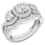 2.00 Carat (ctw) 18K White Gold Round White Diamond 3 Stone Halo Swirl Bridal Engagement Ring Set 2 CT