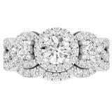 2.00 Carat (ctw) 18K White Gold Round White Diamond 3 Stone Halo Swirl Bridal Engagement Ring Set 2 CT