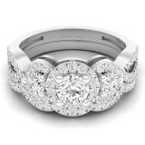 1.50 Carat (ctw) 18K White Gold Round White Diamond Ladies 3 Stone Halo Split Shank Swirl Bridal Engagement Ring With Matching Band Set 1 1/2 CT