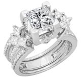 4.25 Carat (ctw) 14K White Gold Princess Cubic Zirconia & Princess & Round White Diamond Ladies Bridal Engagement Ring With Matching Band Set 4 1/4 CT