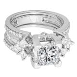 4.25 Carat (ctw) 14K White Gold Princess Cubic Zirconia & Princess & Round White Diamond Ladies Bridal Engagement Ring With Matching Band Set 4 1/4 CT