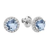 Round Aquamarine & White Diamond Halo Style Stud Earrings for Women (Diamond 0.21 ctw, Color I-J, Clarity I1-I2) in 14K White Gold in Screw Back