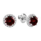 Round Garnet & White Diamond Halo Style Stud Earrings for Women (Diamond 0.21 ctw, Color I-J, Clarity I1-I2) in 14K White Gold in Screw Back