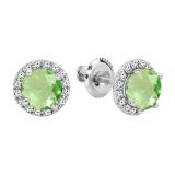 Round Peridot & White Diamond Halo Style Stud Earrings for Women (Diamond 0.21 ctw, Color I-J, Clarity I1-I2) in 14K White Gold in Screw Back