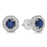 1.50 Carat (ctw) 10K White Gold Round Cut Blue Sapphire & White Diamond Ladies Halo Style Stud Earrings 1 1/2 CT