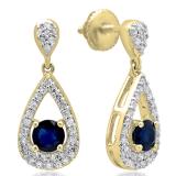 1.55 Carat (ctw) 10K Yellow Gold Round Cut Blue Sapphire & White Diamond Ladies Dangling Drop Earrings 1 1/2 CT