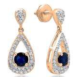 1.55 Carat (ctw) 14K Rose Gold Round Cut Blue Sapphire & White Diamond Ladies Dangling Drop Earrings 1 1/2 CT