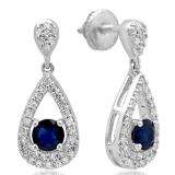 1.55 Carat (ctw) 14K White Gold Round Cut Blue Sapphire & White Diamond Ladies Dangling Drop Earrings 1 1/2 CT