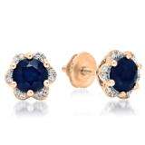 1.95 Carat (ctw) 14K Rose Gold Round Cut Blue Sapphire & White Diamond Ladies Flower Shape Cluster Fashion Stud Earrings 2 CT