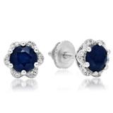 1.95 Carat (ctw) 14K White Gold Round Cut Blue Sapphire & White Diamond Ladies Flower Shape Cluster Fashion Stud Earrings 2 CT