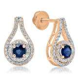 1.10 Carat (ctw) 14K Rose Gold Round Cut Blue Sapphire & White Diamond Ladies Halo Style Drop Earrings 1 CT