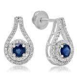 1.10 Carat (ctw) 14K White Gold Round Cut Blue Sapphire & White Diamond Ladies Halo Style Drop Earrings 1 CT