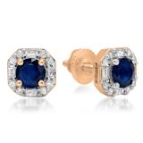 1.40 Carat (ctw) 14K Rose Gold Round Cut Blue Sapphire & Baguette & Round Cut White Diamond Ladies Halo Style Stud Earrings