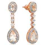 2.65 Carat (ctw) 18K Rose Gold Pear & Oval Cut Morganite & Round Cut White Sapphire & White Diamond Ladies Halo Style Dangling Drop Earrings