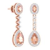 2.65 Carat (ctw) 18K Rose Gold Pear & Oval Cut Morganite & Round Cut White Sapphire & White Diamond Ladies Halo Style Dangling Drop Earrings