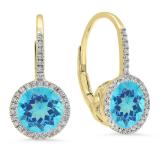 3.70 Carat (ctw) 10K Yellow Gold Round Cut Blue Topaz & White Diamond Ladies Halo Style Hoop Earrings