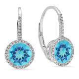 3.70 Carat (ctw) 14K White Gold Round Cut Blue Topaz & White Diamond Ladies Halo Style Hoop Earrings